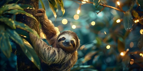 Obraz premium Sloth hanging from tree in vibrant forest with lush foliage and twinkling lights. Concept Forest Photoshoot, Animal Photography, Lush Foliage, Twinkling Lights, Nature Portrait