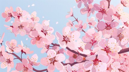 A close-up of a blooming cherry blossom tree with pink flowers against a clear blue sky