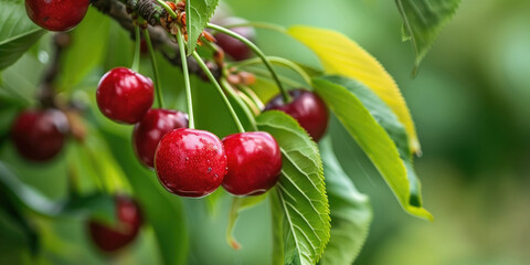 Obraz premium Fresh red cherries ripening on a tree branch on a farm or in orchard