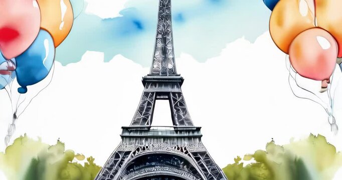 Eiffel tower watercolor background with flying colorful balloons in sky