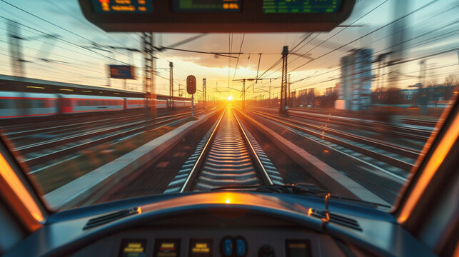 From the driver's cab you can see a high-speed train approaching the station at sunset. The sun's rays scatter on the tracks, giving them a golden hue.
