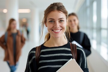 Smiling College Students in Hallway Embracing Education, Knowledge, Learning