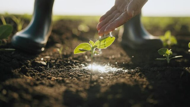 Farmer watering small green plant in agricultural fields, closeup of hand. Farmworker feet in rubber boots standing on fertile soil, growing plants carefully, save ecology, environment protection