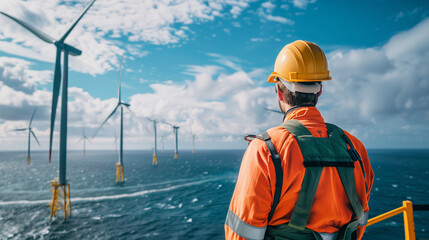 A wind turbine technician at an offshore farm, dressed in full safety kit, looks into the distance at the high seas.