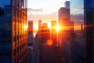 Obraz premium Sunset Backlight Shining Through CBD Skyscrapers