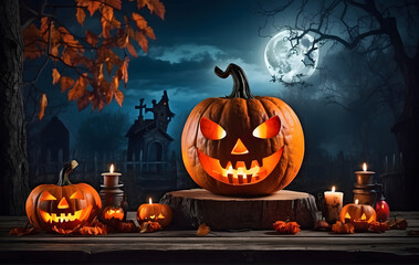 Spooky Halloween Pumpkin Head Jack-O'-Lantern with Burning Candles in a Full Moon Forest and Graveyard - Perfect Halloween Backdrop