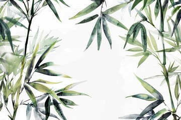 Grey Graphic. Hand Drawn Watercolor Bamboo Cane with Lush Foliage and Tropical Leaves