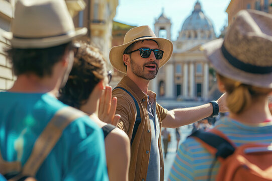 Male tourist guide showing European city to the group of tourists