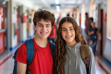 Fototapeta premium Cheerful teenage classmates together in a school hallway