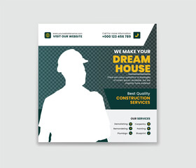 Construction social media post Template for house renovation services. Construction agency social media post. home renovation social media post banner Template.