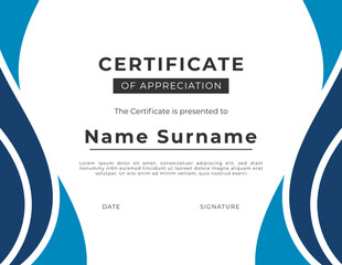modern certificate of appreciation template with a blue and white color scheme