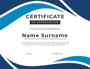 clean and elegant certificate of appreciation template with a blue and white color scheme