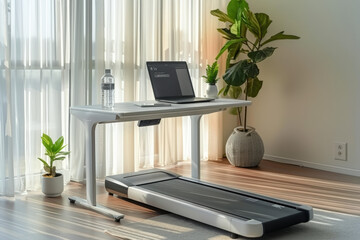 Walking pad treadmill positioned under a standing desk in a bright home office setting, promoting a healthy work-life balance
