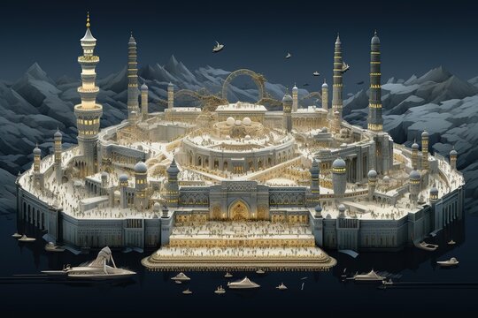 Prayer and Tawaf of Muslims Around AlKaaba in Mecca, Saudi Arabia, Aerial Top View