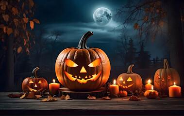 Spooky Halloween Pumpkin Head Jack-O'-Lantern with Burning Candles in a Full Moon Forest and Graveyard - Perfect Halloween Backdrop