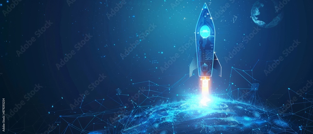 Poster digital abstract rocket and ai chip. abstract technology light blue background. artificial intellige