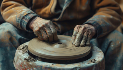 Man sculpting clay, sitting by special modern clay molding wheel.