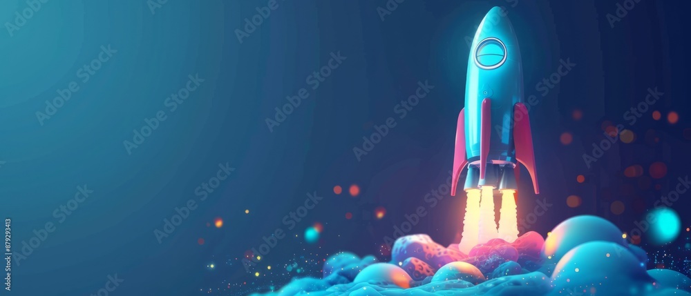 Poster digital abstract rocket and ai chip. abstract technology light blue background. artificial intellige