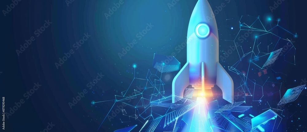 Poster digital abstract rocket and ai chip. abstract technology light blue background. artificial intellige