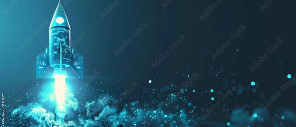 Poster digital abstract rocket and ai chip. abstract technology light blue background. artificial intellige