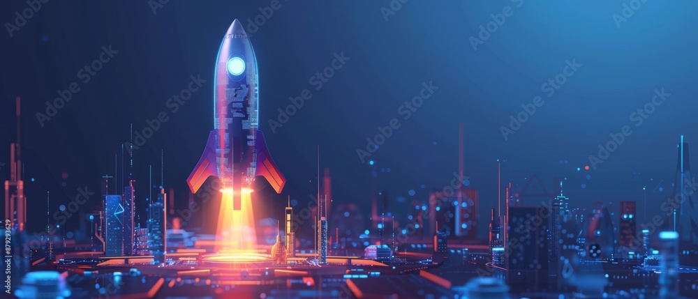 Poster digital abstract rocket and ai chip. abstract technology light blue background. artificial intellige