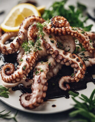 grilled octopus tentacles artfully arranged with a drizzle of olive oil and herbs, ad shot, copy space for text

