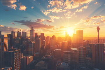 Fototapeta premium Sunset Backlight Shining Through CBD Skyscrapers