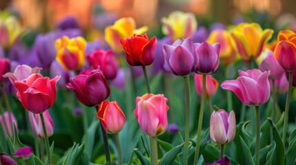 Fototapeta premium A garden bed filled with a variety of tulips in different shades of pink, red, yellow, and purple