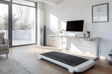 Walking pad treadmill is positioned under a standing desk in a modern home office, promoting a healthy work-life balance