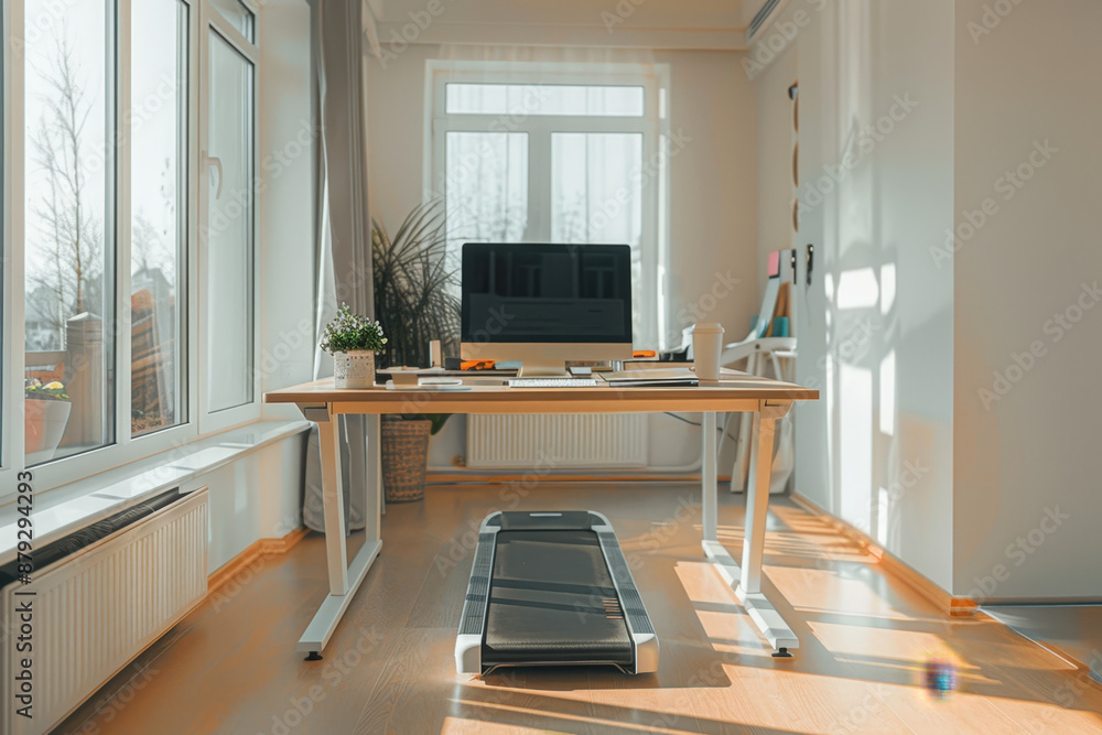 Wall mural bright home office with a walking pad treadmill positioned under a standing desk, promoting a health