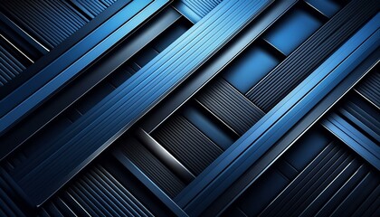 Obraz premium Abstrakter Hintergrund mit schwarzen Linien und geometrischen Formen, dunkelblauer Farbverlauf, moderner minimalistischer Stil, scharfe Kanten, Lichtreflexion auf der Oberfläche der Metallstreifen.
