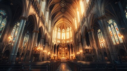 A majestic Gothic cathedral with towering spires, intricate carvings, and light streaming through stained glass windows during a solemn evening mass