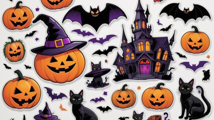 Fototapeta premium stickers halloween stickers witch skull zombie hat .AI generated