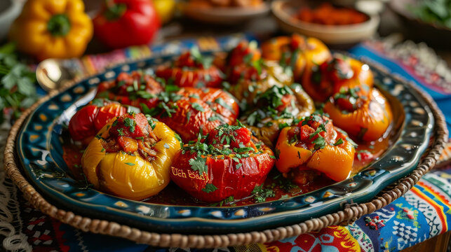 Traditional Azerbaijani dish of stuffed vegetables, known as "Uch badji", served on a plate.