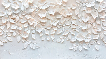  Detailed white floral wall art with various flower designs. Concept: elegance, sophistication, minimalism. Perfect for interior decor, wedding themes, and luxury branding. Adds timeless beauty
