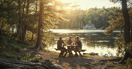 Group of friends sitting around table near picturesque lake on summer evening, chatting, eating and enjoying their time together