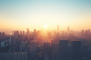 Fototapeta premium Sunset Backlight Shining Through CBD Skyscrapers