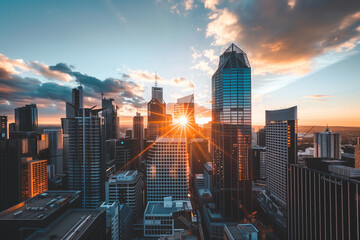 Sunset Backlight Shining Through CBD Skyscrapers