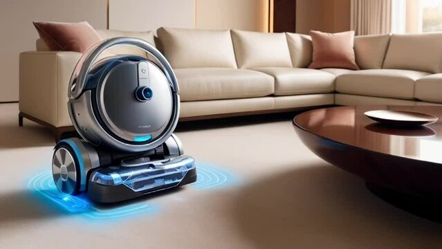 a robotic vacuum cleaner with advanced navigation and mapping capabilities, cleaning a modern living room.