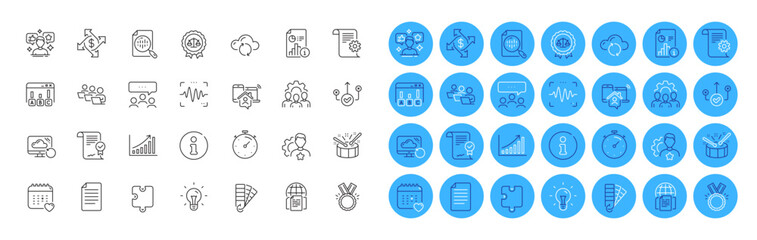 Palette, Recovery cloud and Timer line icons pack. Idea, Justice scales, Approved agreement web icon. Correct way, Honor, Cloud sync pictogram. Technical documentation, Info, Team work. Vector