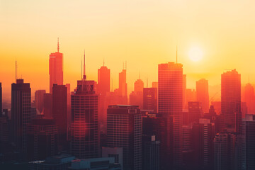 Fototapeta premium Sunset Backlight Shining Through CBD Skyscrapers