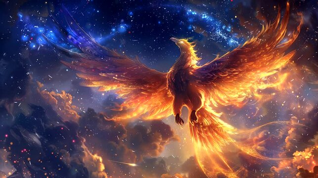 The fiery eagle. Anime or digital painting style, looping 4k video animation background