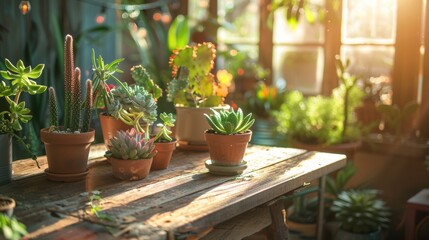 A rustic wooden table adorned with potted plants and succulents in a cozy, sunlit room