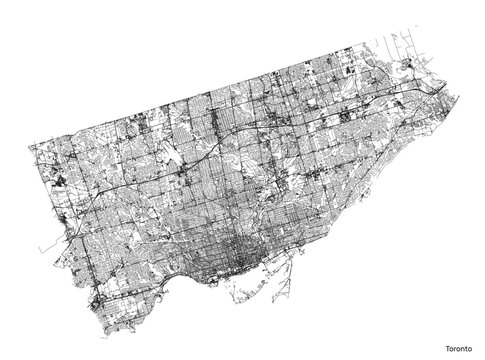 Toronto city map with roads and streets, Canada. Vector outline illustration.