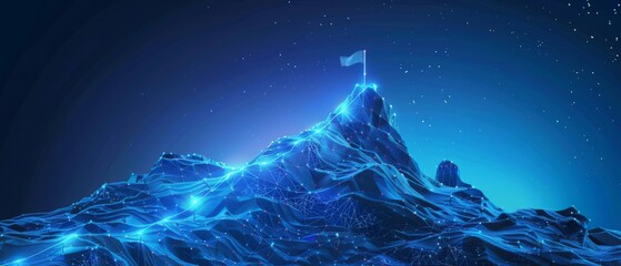 Abstract mountain with a path to the top. Way to goal in digital futuristic style on a blue technology background. Illustration of success achievement concept. Low Poly wireframe flag and ridge