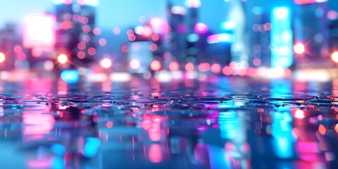 An illuminated futuristic cityscape at night with vibrant neon lights and surreal skyscrapers. Concept Night Photography, Futuristic Cityscape, Neon Lights, Surreal Skyscrapers
