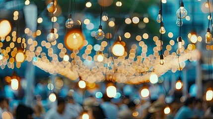 Festive String Lights Above a Blurred Crowd