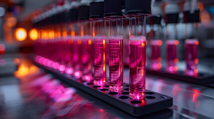 Close-up of test tubes with pink liquid in a laboratory setting, showcasing scientific research and experimentation in a modern lab.