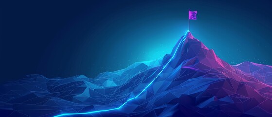 Abstract mountain with a path to the top. Way to goal in digital futuristic style on a blue technology background. Illustration of success achievement concept. Low Poly wireframe flag and ridge