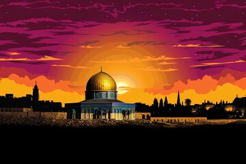 Naklejka premium Dramatic sunrise above golden dome of Rock Mosque on Temple Mount in old city of Jerusalem, the image may be used for major Islamic holiday o